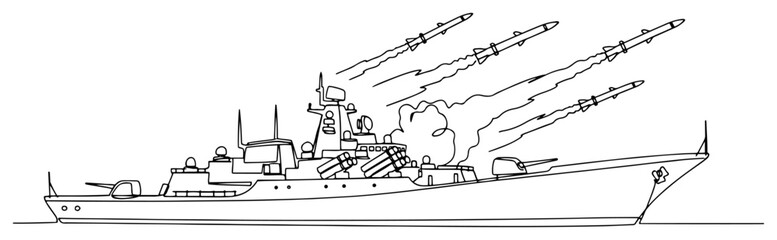 Modern naval warship launching multiple missiles from deck in detailed line drawing style © Logan