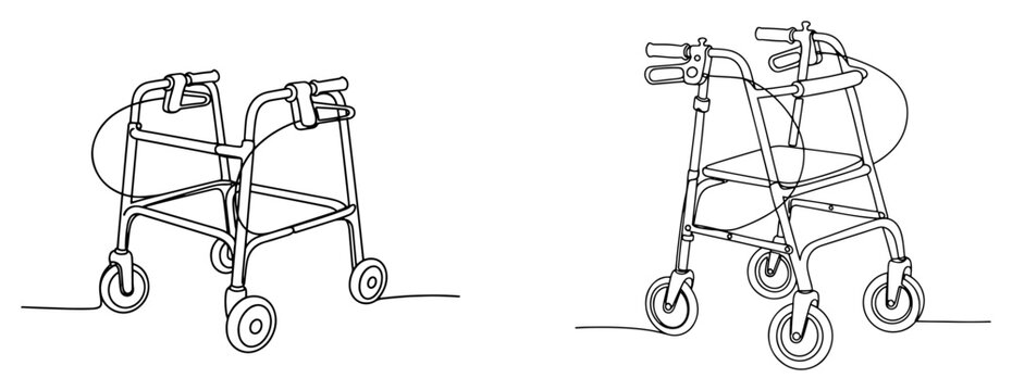 Medical mobility walker and rollator for elderly support in continuous line art style