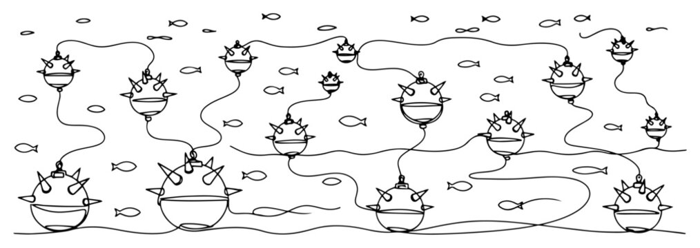 Underwater naval mines with cables and small fish in continuous line art style