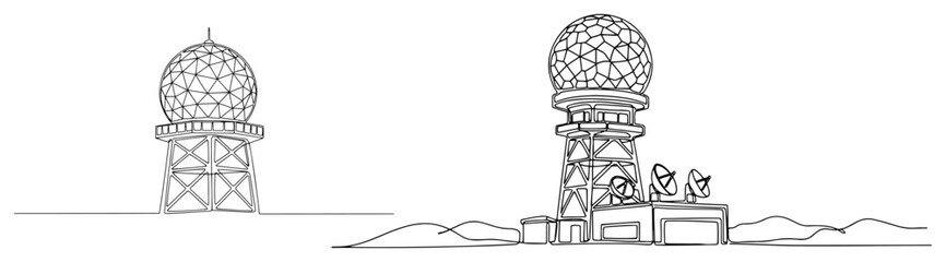 Radar station towers with geodesic domes and satellite dishes in line drawing style © Logan