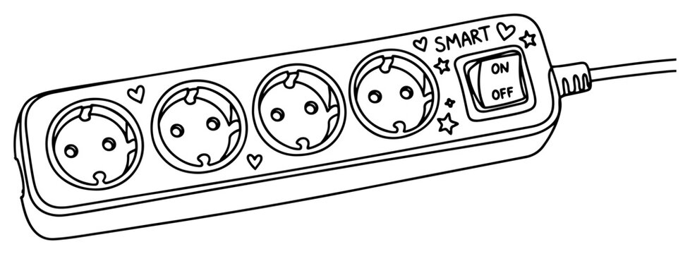 Smart power strip with multiple electrical outlets in linear drawing style