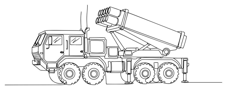 Military rocket launcher truck vehicle in continuous line art style