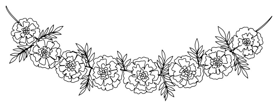 Marigold flower garland with leaves in detailed line art style