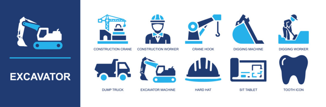 Excavator icon set. Containing construction crane, worker, crane hook, digging machine, dump truck, excavator, hard hat, site tablet, bucket tooth and more. Solid fill vector icons.
