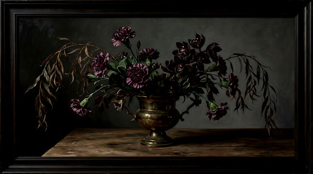 Dark carnations in antique vase still life painting with dramatic lighting