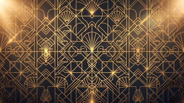 Art deco geometric grid lines glowing under a soft luxury gold light leak effect background
