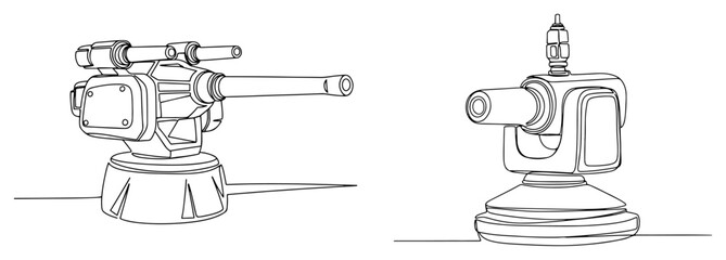 Robotic defense laser turrets in continuous line art style © Logan