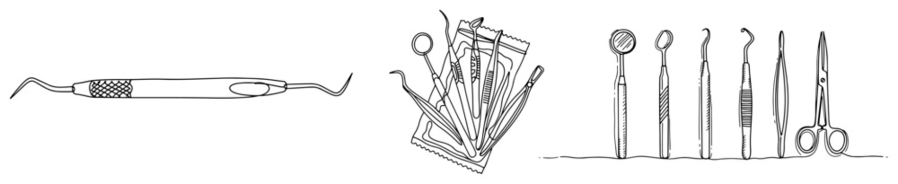 Dental instruments and tools set for dentistry in continuous line art style