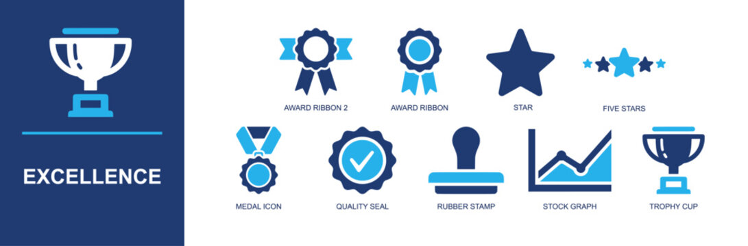 Excellence icon set. Containing award ribbon, excellence report, five star, quality seal, medal icon, rubber stamp, stock graph, trophy cup, rating and more. Solid fill vector icons.