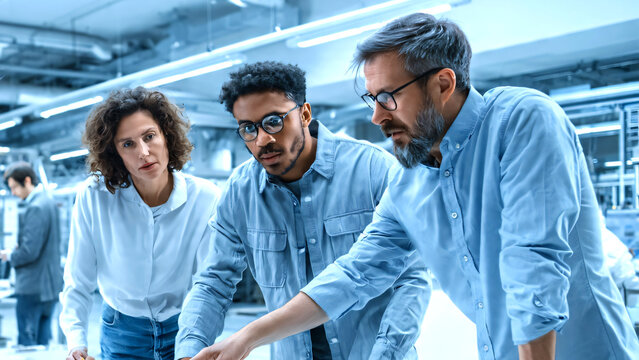 Professional group of diverse automotive engineers and industrial designers reviewing electric vehicle engine parts and technical blueprints in a clean modern office connected to a smart car. 