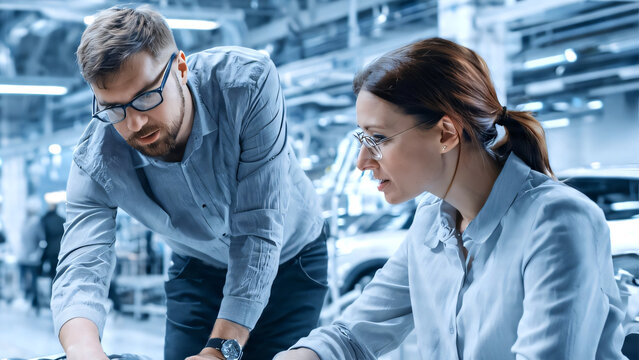 Professional group of diverse automotive engineers and industrial designers reviewing electric vehicle engine parts and technical blueprints in a clean modern office connected to a smart car. 