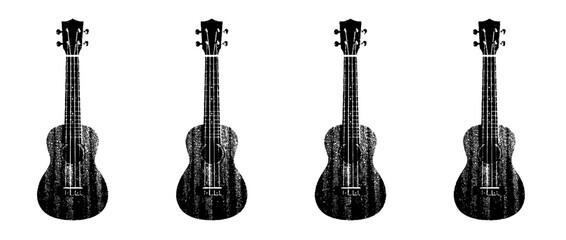 Naklejka premium This collection of ukuleles in halftone vector style showcases a variety of designs, focusing on intricate patterns and simplicity in musical instruments.
