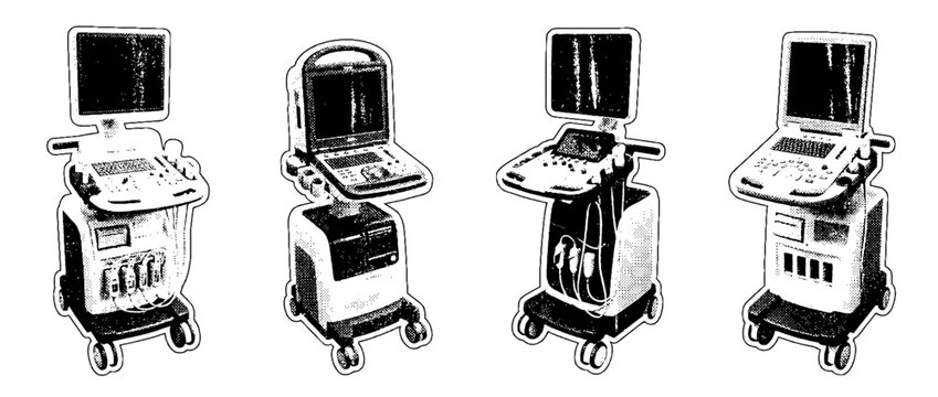 A compelling depiction of ultrasound machines illustrated in halftone vector style, capturing the technological advancements in medical imaging with a minimalist approach.
