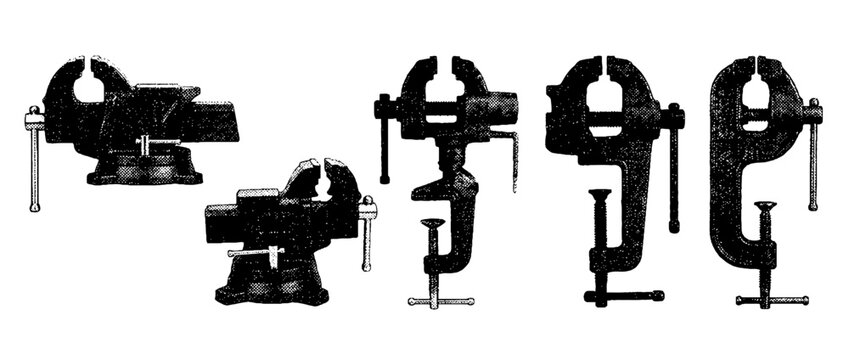 A vector halftone illustration of various vises, showcasing their designs and functionalities, ideal for representing tools and workshops in a vintage style.