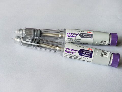 Last fifth dose in Mounjaro KwikPen of 2.5 mg, 5 mg with needles for subcutaneous injections. Tirzepatide is gastric inhibitory polypeptide (GIP) analog and GLP-1 receptor agonist, improve blood sugar