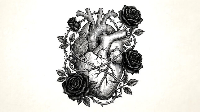 Anatomical heart illustration with roses and thorny vines black and white sketch
