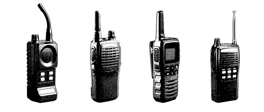 This image showcases a collection of vector halftone-style walkie talkies, highlighting different designs and styles for communication enthusiasts and artists alike.