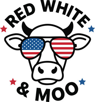 Red White and Moo cow, patriotic heifer vector, 4th of July cow with sunglasses, American flag aviators, Independence Day cattle graphic, funny patriotic farm animal, USA flag stars and stripes cow he