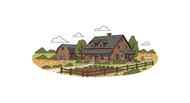 Traditional farmstead with wooden house barn and vegetable garden
