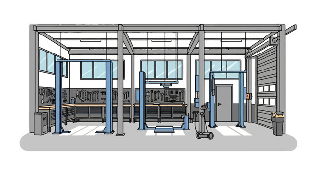 Empty professional auto repair workshop with hydraulic car lifts