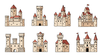 Medieval castle icons with towers and fortresses © nando