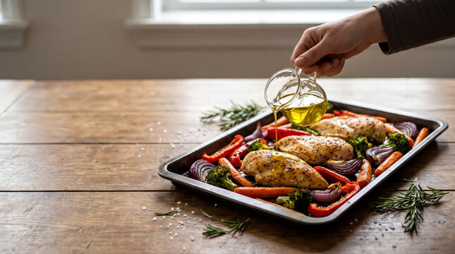 Healthy Sheet Pan Chicken and Roasted Vegetables Dinner Prepared on a Baking Tray