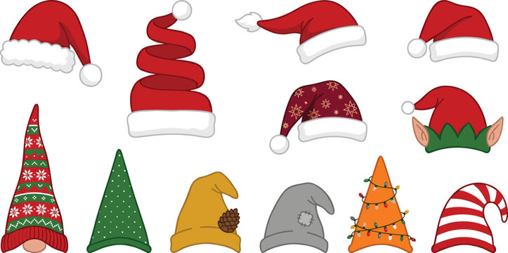 Christmas Santa Hats and Gnome Caps Vector Icon Set Featuring Elf Elf Ears Striped and Patterned Winter Headwear for Holiday Graphic Designs
