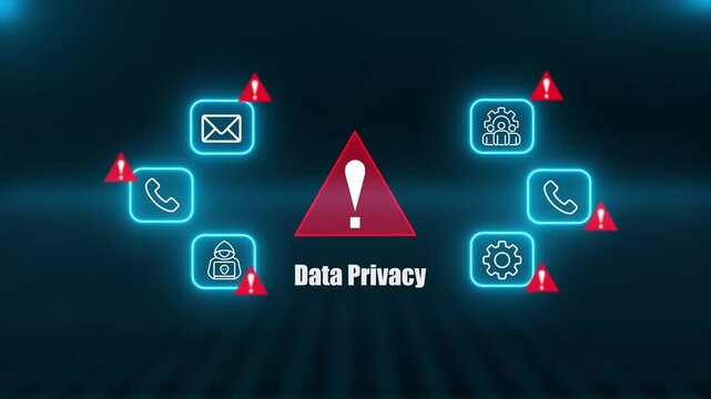 Digital Cyber Security Data Privacy Warning Alert Displaying Phishing Attacks Hacker Threats And Protection Icons On Dark Blue Glowing Professional Background.
