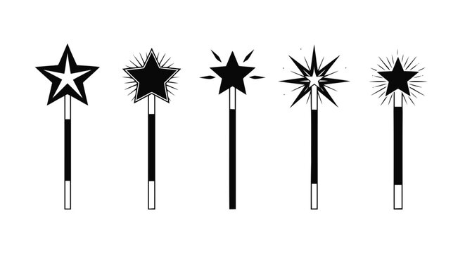 Vector illustration of set of magic wands with star tips on a transparent background