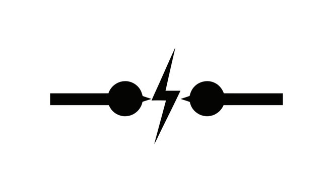 Vector illustration of electric spark icon, lightning bolt between two spheres on a transparent background