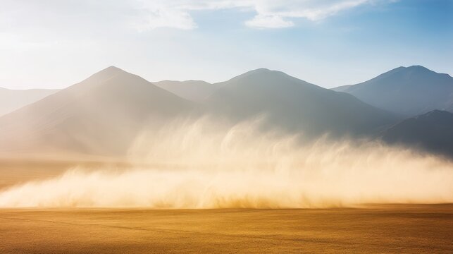 Dust cloud blows across a dry landscape with distant mountains under a clear blue sky