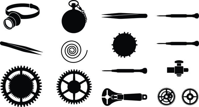 Professional Watchmaker Tools and Mechanical Watch Parts Silhouette Icon Set Featuring Magnifying Headband Vintage Pocket Watch Screwdrivers Tweezers Gears Mainspring and Case Opener Isolated on White