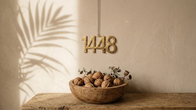 Wooden bowl of walnuts under 1448 number wall hanging.