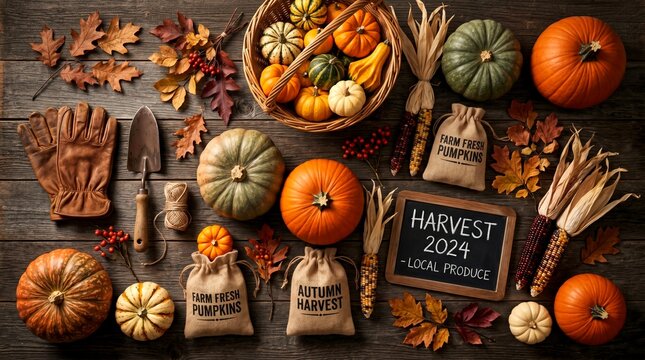 Rustic 2024 autumn harvest flat lay with colorful pumpkins and gardeni