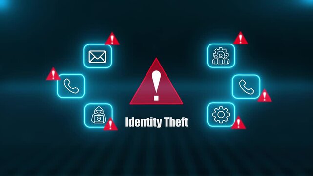 Cyber Security Identity Theft Warning Alert Displaying Phishing Attacks Hacker Threats And Personal Data Protection Icons. 4k Vedio