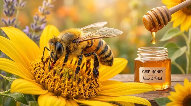 Honey bee collecting nectar from sunflower with honey dipper and jar
