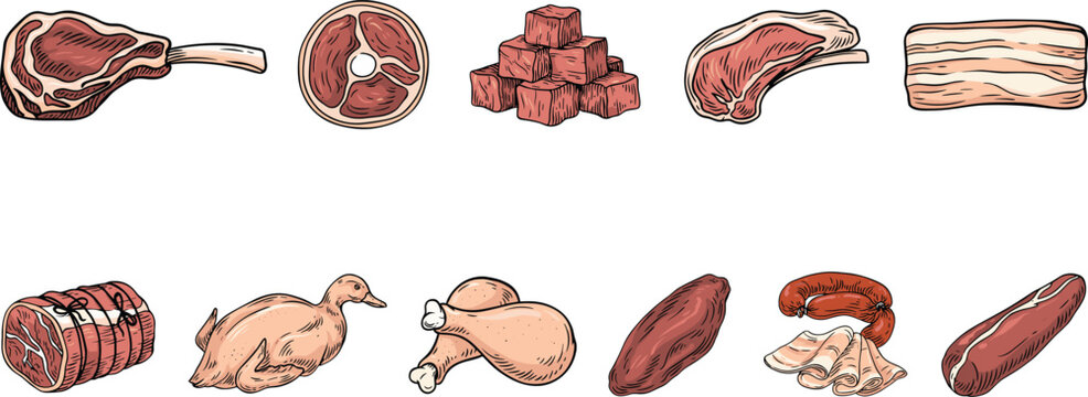 Raw Meat and Poultry Vector Icon Set with Beef Steaks Pork Ribs Chicken Legs Sausages and Duck for Butchery Menu Designs