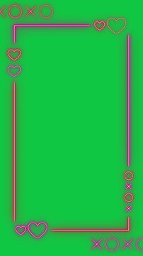 valentines day hearts border frame neon lights isolated green screen loop animation,chroma key  romantic love overlay vertical social media motion design element