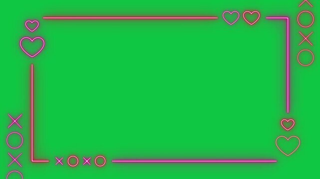 valentines day hearts border frame neon lights isolated green screen loop animation,chroma key  romantic love overlay social media motion design element