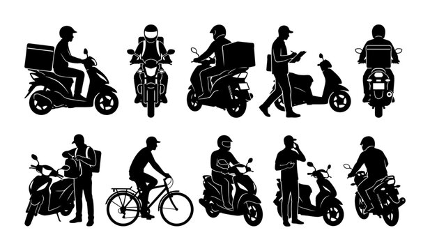 Food Delivery Courier Silhouette Set Featuring Motorbike Riders and Bicycle Delivery Workers