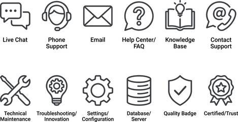 Fototapeta premium Customer Support and Technical Service Icons Collection Featuring Communication, Maintenance, and Trust Symbols for Business Solutions