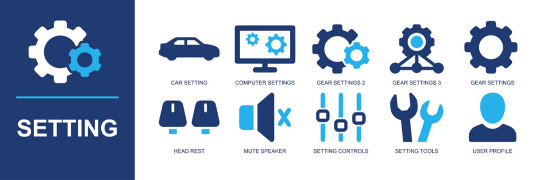 Settings icon set. Containing car setting, computer settings, gear, head rest, mute speaker, control slider, setting tools, user profile, system options and more. Solid fill vector icons.