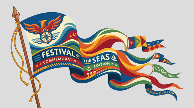 Decorative waving flag with maritime symbols