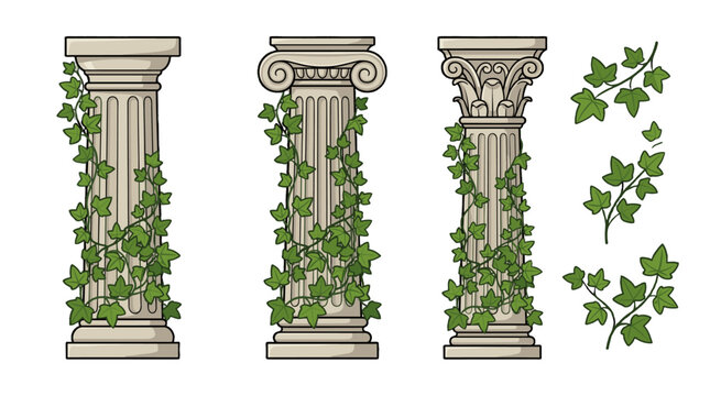 Ancient stone columns with ivy vines vector illustration