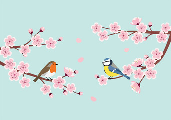 Two birds on cherry blossom branches © Rangga