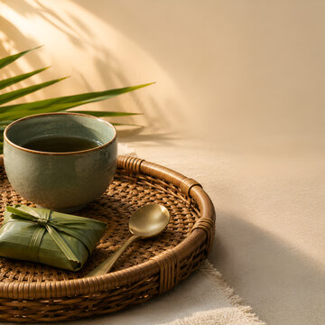 Woven Rattan Tray with Glazed Jade Ceramic Tea Cup, Pandan Leaf Sachet, and Brushed Brass Spoon in Golden Hour Raking Light