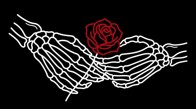 Skeletal hands holding a red rose white line art on black background