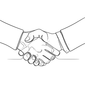 A black and white line drawing of two people shaking hands