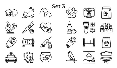 Fototapeta premium Minimal pet icons set veterinary care dog cat paw vaccine outline vector eps10