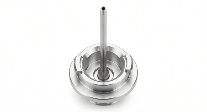 Macro shot of a single bare metallic lug-style clinical dispensing tip on a pristine white background.